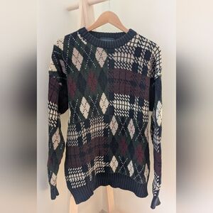 Vintage 90's Argyle Patchwork Abstract Crewneck Sweater In Navy/Burgundy